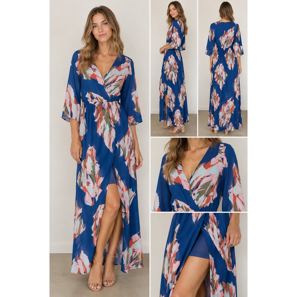 Everly Anthropologie Blue Geometric Abstract Print Surplice Maxi Dress S